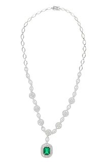 Elegant Art Deco Emerald VS2 Diamond 18k Necklace