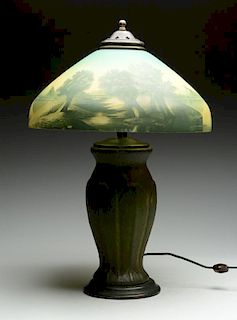 Pottery Based Lamp with Reverse on Glass Shade.