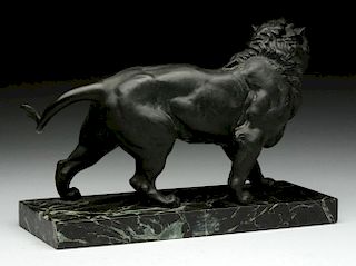 Bronze Lion Mounted on Marble Base.