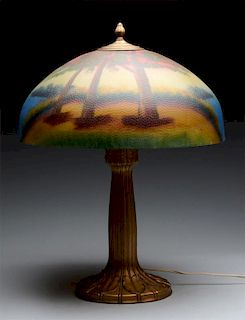 Bronze Lamp with Reverse on Glass Shade.
