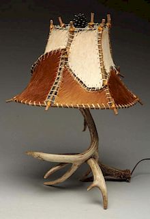 Horn Lamp With Raw Hide Shade.
