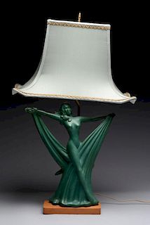 Figural Art Noveau Pottery Lamp with Cloth Shade.