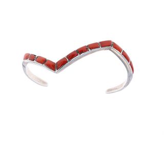Navajo Inlaid Red Coral & Sterling Bracelet