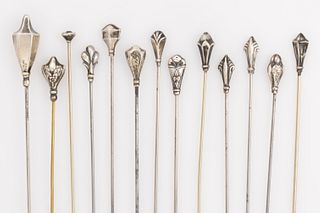 ANTIQUE / VINTAGE STERLING AND UNMARKED SILVER / SILVER-PLATED HATPINS, LOT OF 13