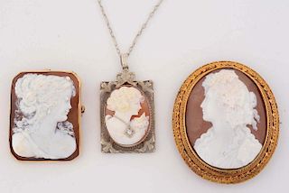 Lot Of 3: Two Cameo 14K Gold Brooches and A 14K Gold Pendant.