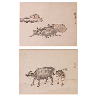 LOT OF 2, CHINESE PAINTING OF 'FARMER WITH OXEN' 