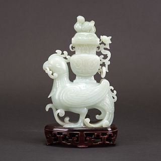 A CELADON WHITE JADE ARCHAISTIC PHOENIX VASE AND COVER, QING DYNASTY