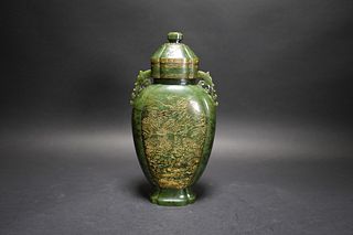 A CHINESE SPINACH GREEN JADE FLATTENED BALUSTER VASE AND COVER