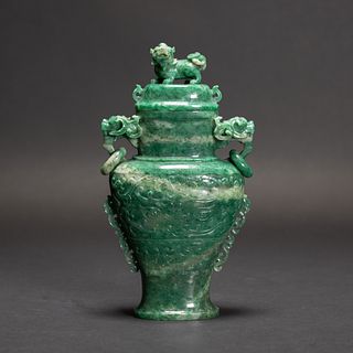 A CARVED JADEITE VESSEL AND COVER 