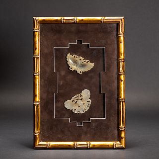 A PAIR OF WHITE JADE CARVED BUTTERFLIES MOUNTED IN FRAME 