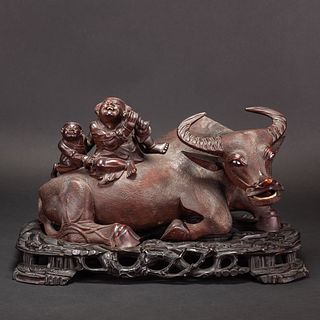 A CHINESE WOOD CARVING OX AND KIDS WITH WOODEN STAND