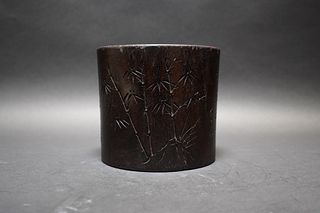 A CHINESE HARDWOOD BRUSH POT WITH CARVED INSCRIPTION