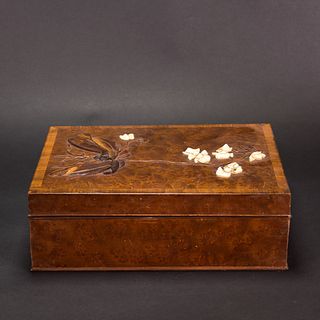 A CHINESE FLOWER CARVED HARD WOOD BOX