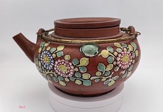 A FLOWER FLOWER PAINTED ZISHA TEAPOT, WITH CERTIFICATE