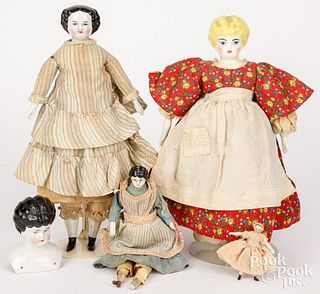 Five bisque head and shoulder dolls