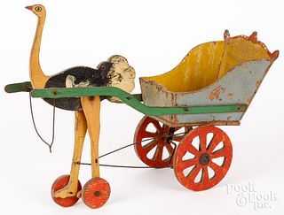 Folk art painted cut-out animated ostrich pull toy