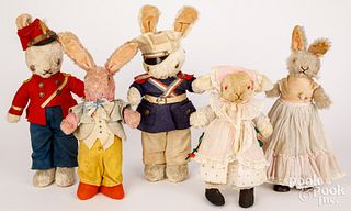 Five vintage dressed plush rabbits