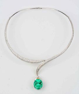 2 Piece 18K White Gold Emerald w/ Diamond Pendant & White Gold Diamond Necklace