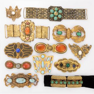 ANTIQUE / VINTAGE STONE, RHINESTONE, AND OTHER METAL BELT OR DRESS BUCKLES, LOT OF 12