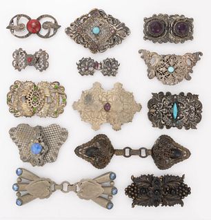 ANTIQUE AND VINTAGE GLASS STONE / RHINESTONE METAL BELT OR DRESS BUCKLES, LOT OF 13