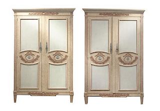 A Pair of Louis XV Style Painted Armoires, Height 67 1/4 x width 44 3/4 x depth 18 inches.
