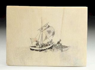 Ivory Plate With Sketch Of Sail Boat & Whalers.