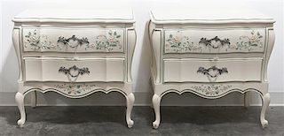 A Pair of Louis XIV Style Painted Commodes, Height 27 x width 28 1/2 x depth 18 inches.