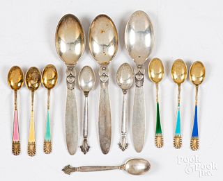Six Georg Jensen sterling silver spoons, etc.