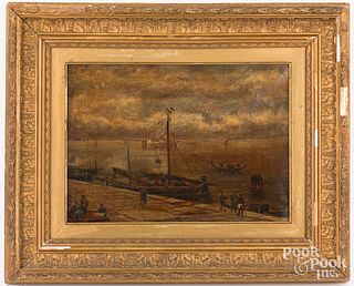 Continental oil on canvas harbor scene, 19th c.