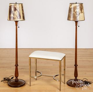 Pair of mahogany floor lamps and chrome stool