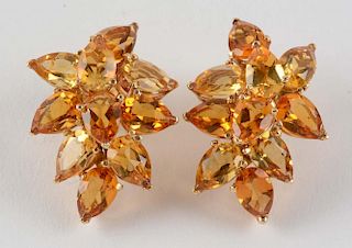 Pair of 14K Yellow Gold Earrings w/ Clustering of Citrine Quartz Stones.