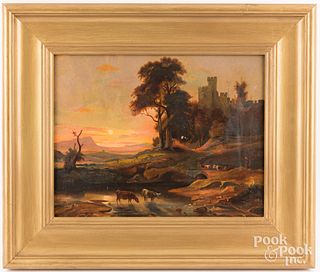 English oil on canvas landscape with castle