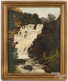 Oil on canvas landscape with waterfall