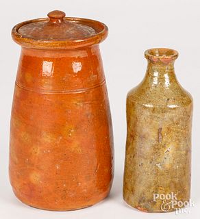 Redware lidded jar and bottle, 19th c.