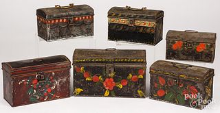 Six toleware dome lid boxes, 19th c.