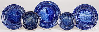 Four Historical blue Staffordshire plates, bowl