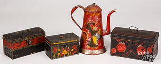 Three toleware boxes and a coffeepot, 19th c.