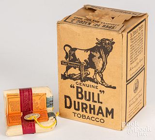 Full box of Bull Durham tobacco bags