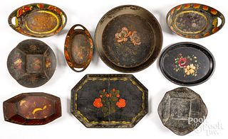 Nine toleware trays and pans, 19th c.