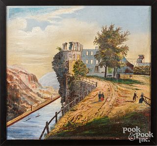 Primitive oil on canvas river landscape, ca. 1900