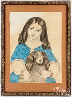 Mixed media of a girl and dog late, 19th c.