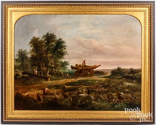 Oil on canvas landscape with loggers, 19th c.