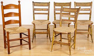 Four painted rush seat chairs, 19th c.