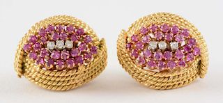 Pair of 18K Yellow Gold Earrings with Diamonds & Rubies.
