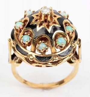 14K Ring with Opals and Diamond.