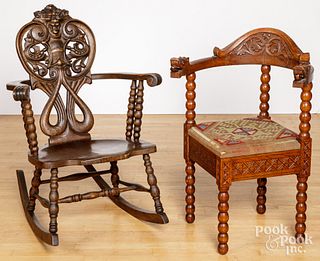 Carved oak corner chair and rocker