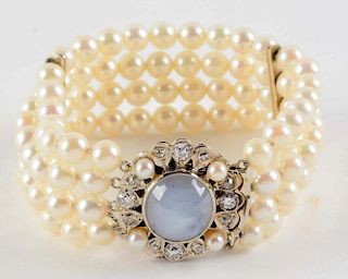 14K White Gold Pearl, Star Sapphire, & Diamond Bracelet.