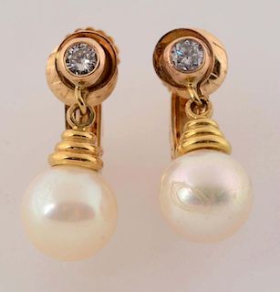 Pair of 14K Yellow Gold Pearl & Diamond Earrings.