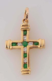 14K Yellow Gold Cross Pendant w/ Diamonds & Emeralds.
