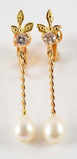 Pair of 14K Yellow Gold & Pearl Earrings.